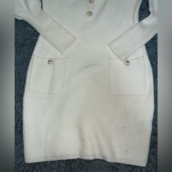 Square Neck Balloon Sleeve Novelty Button Mini Sweater Dress - Picture 6 of 14